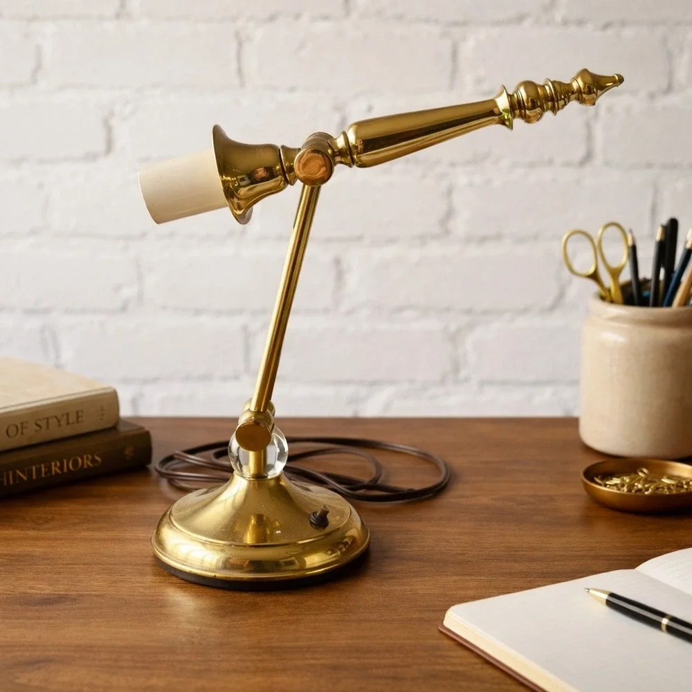 Tower Craftsman Brass Desk Lamp 1950s Crystal Accent Adjustable Red Bank‎ NJ